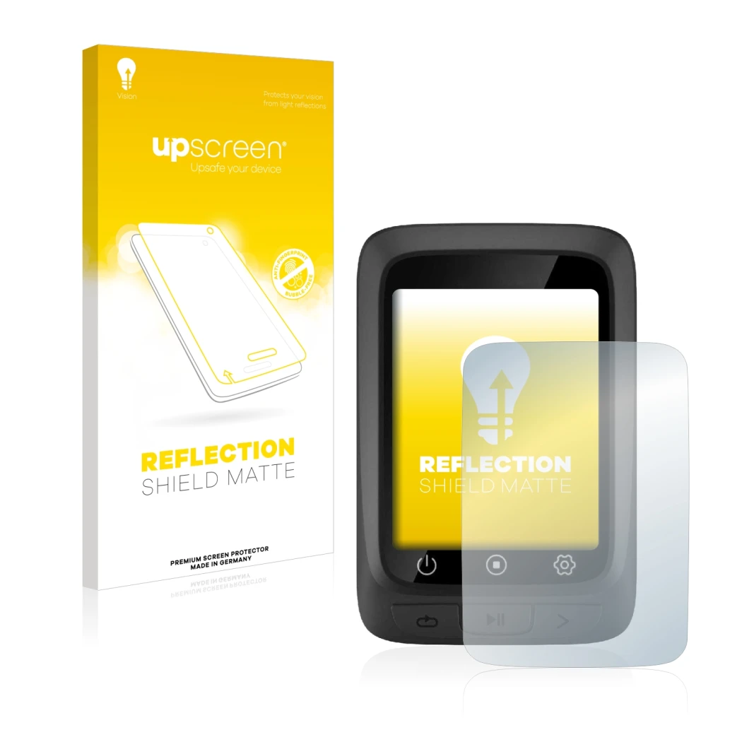 Face avant d’un emballage produit avec le logo de la marque upscreen. À côté, l’appareil CooSpo BC107 est représenté avec la p