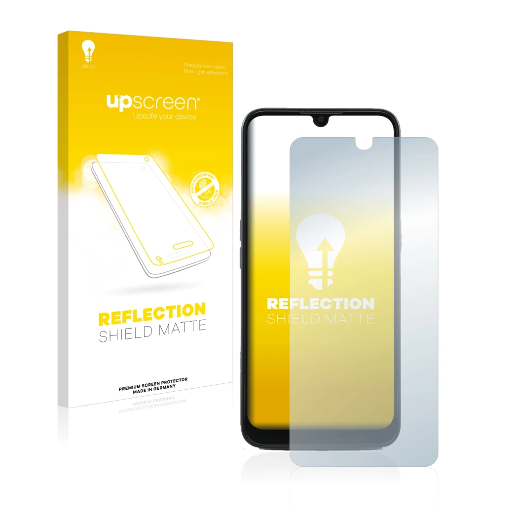 Face avant d’un emballage produit avec le logo de la marque upscreen. À côté, l’appareil Doro 8100 PLUS est représenté avec la