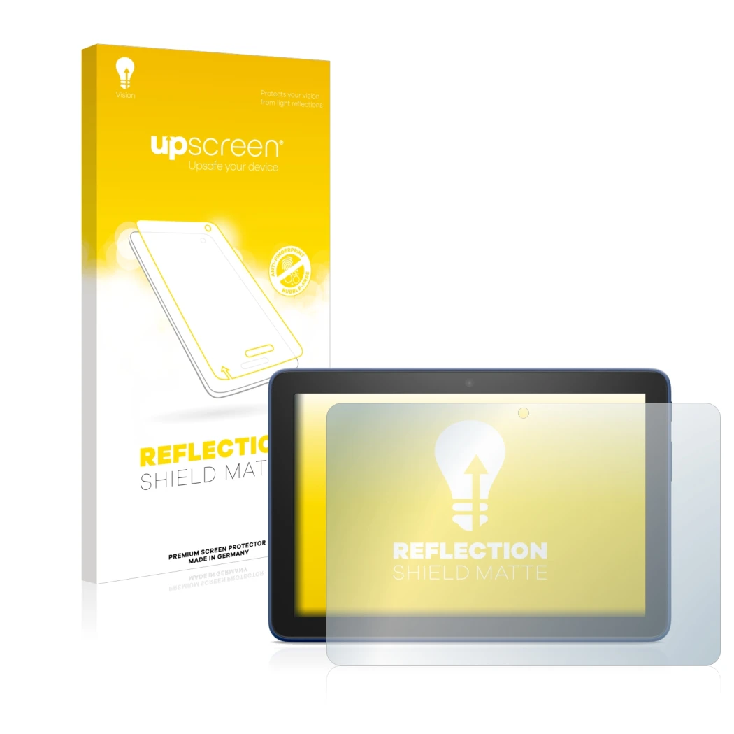 Face avant d’un emballage produit avec le logo de la marque upscreen. À côté, l’appareil Amazon Fire HD 8 2022 est représenté 
