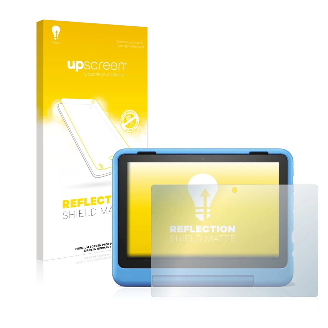 Face avant d’un emballage produit avec le logo de la marque upscreen. À côté, l’appareil Amazon Fire HD 8 Kids Pro 2022 est re