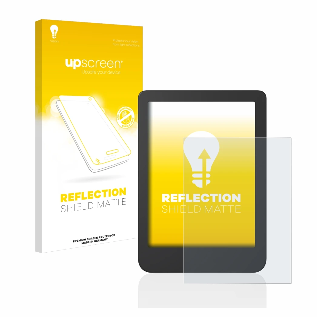 Face avant d’un emballage produit avec le logo de la marque upscreen. À côté, l’appareil Tolino Shine 4 est représenté avec la
