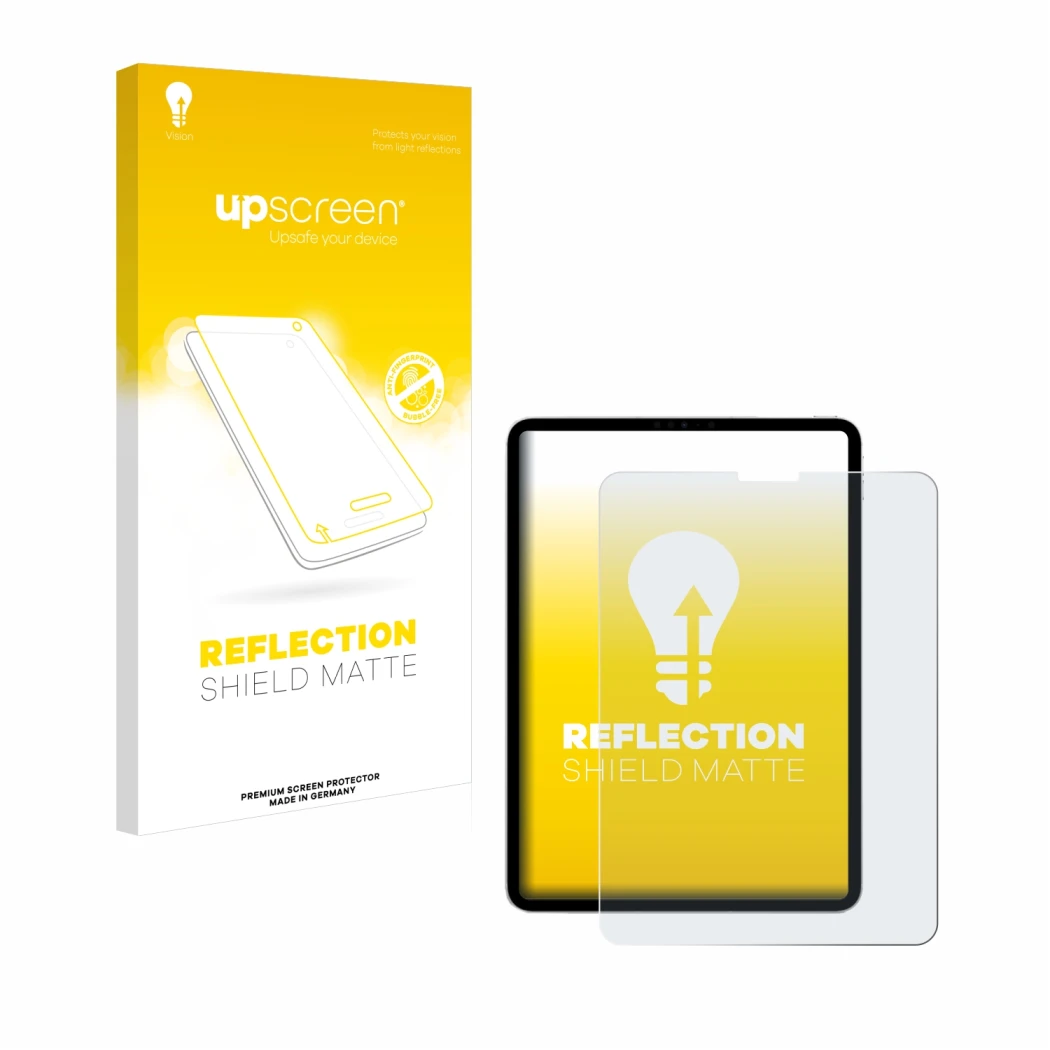 Face avant d’un emballage produit avec le logo de la marque upscreen. À côté, l’appareil Apple iPad Pro 11