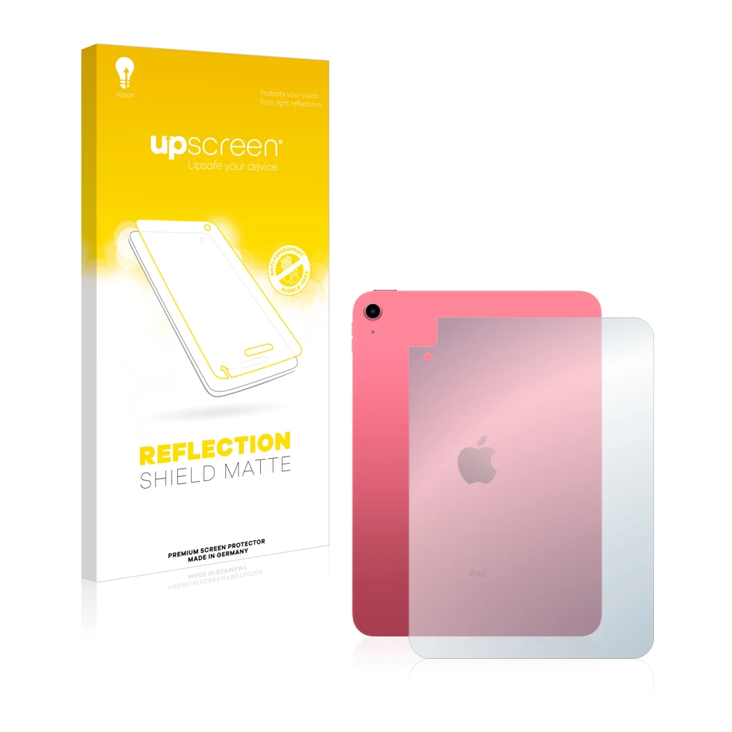 Face avant d’un emballage produit avec le logo de la marque upscreen. À côté, l’appareil Apple iPad 10.9