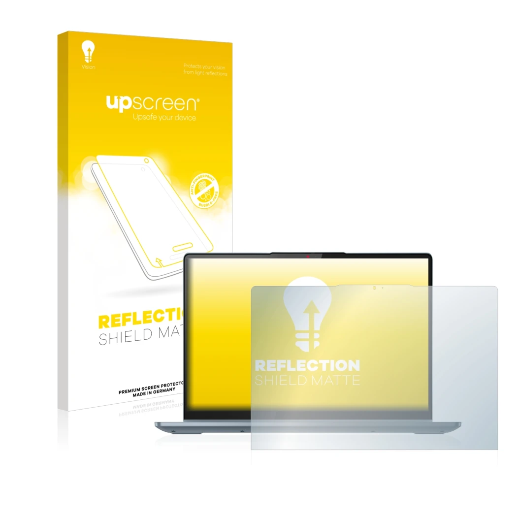 Face avant d’un emballage produit avec le logo de la marque upscreen. À côté, l’appareil Lenovo IdeaPad Flex 5 14