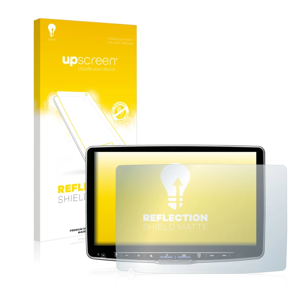 Face avant d’un emballage produit avec le logo de la marque upscreen. À côté, l’appareil Alpine ILX-F115D est représenté avec