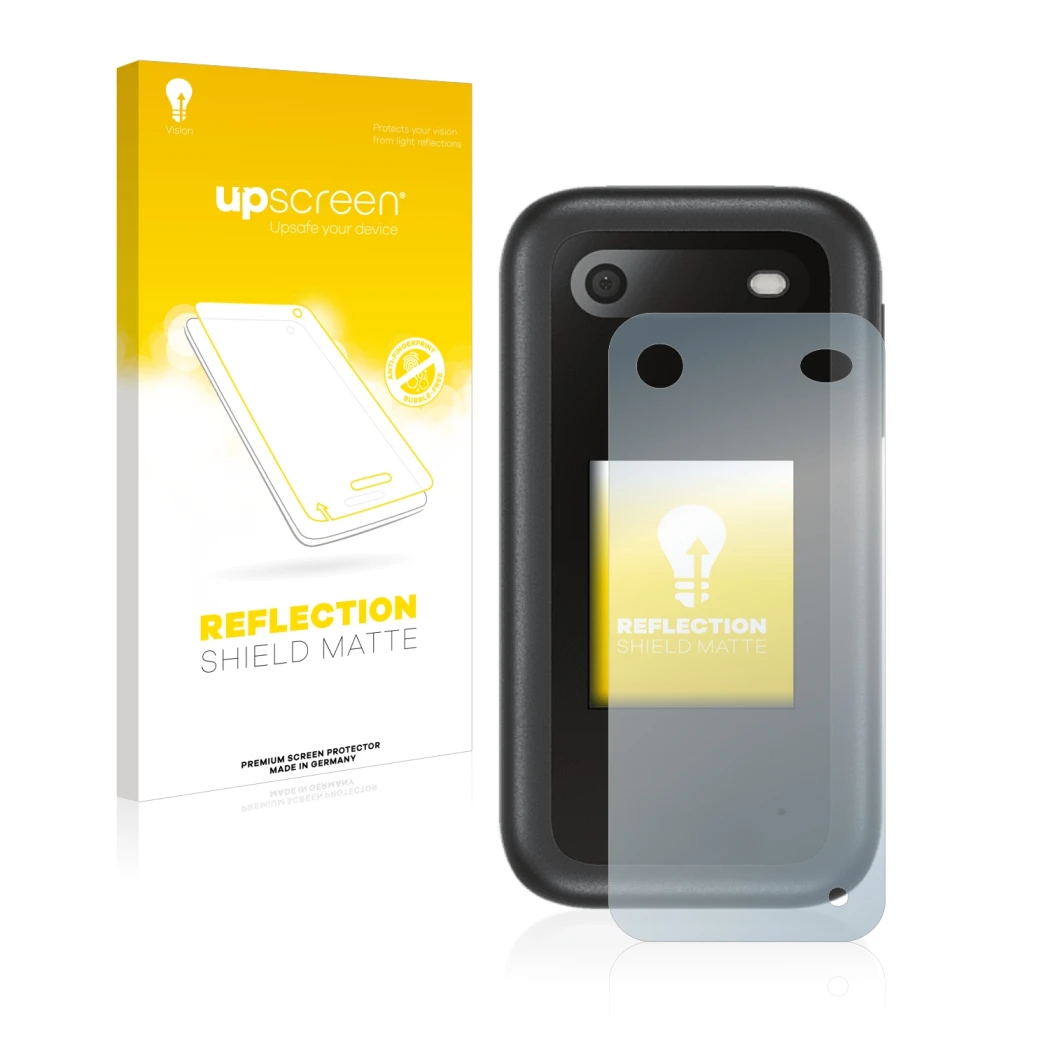 Face avant d’un emballage produit avec le logo de la marque upscreen. À côté, l’appareil Nokia 2660 Flip (Arrière) est représe