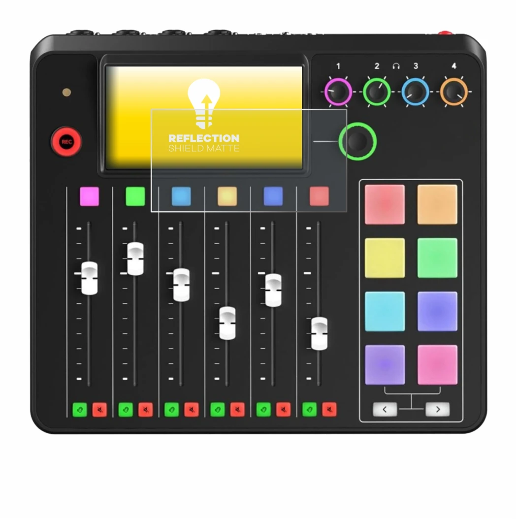 Image de l'appareil Rode Rodecaster Pro II avec une grande variété de protections d'écran.