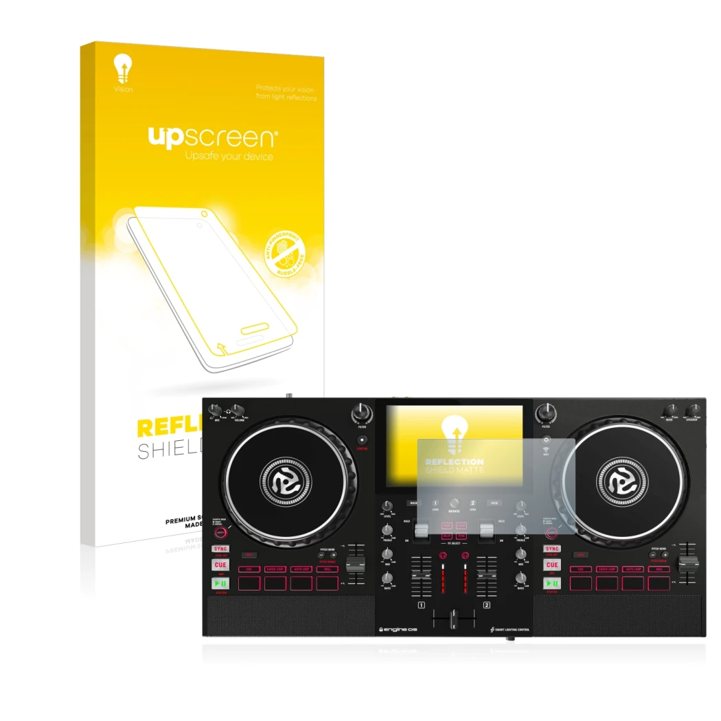 Face avant d’un emballage produit avec le logo de la marque upscreen. À côté, l’appareil Numark Mixstream Pro est représenté a