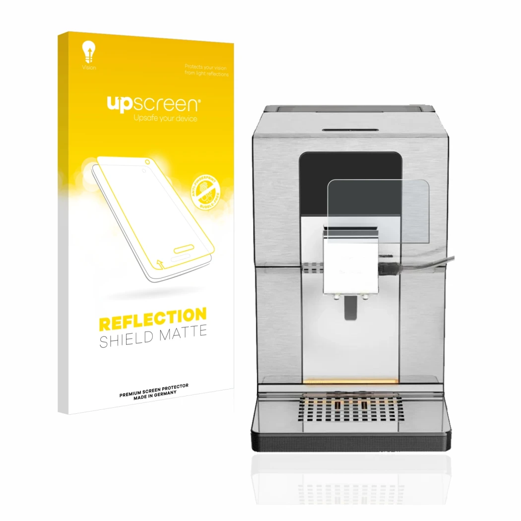 Face avant d’un emballage produit avec le logo de la marque upscreen. À côté, l’appareil Krups Intuition Experience+ EA877D10