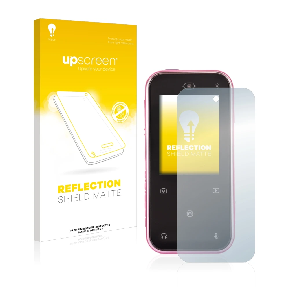 Face avant d’un emballage produit avec le logo de la marque upscreen. À côté, l’appareil Vtech Kidizoom Snap Touch est représe