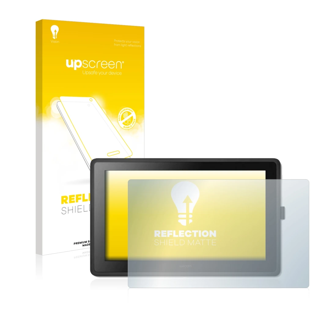 Face avant d’un emballage produit avec le logo de la marque upscreen. À côté, l’appareil Wacom Cintiq 22 est représenté avec l