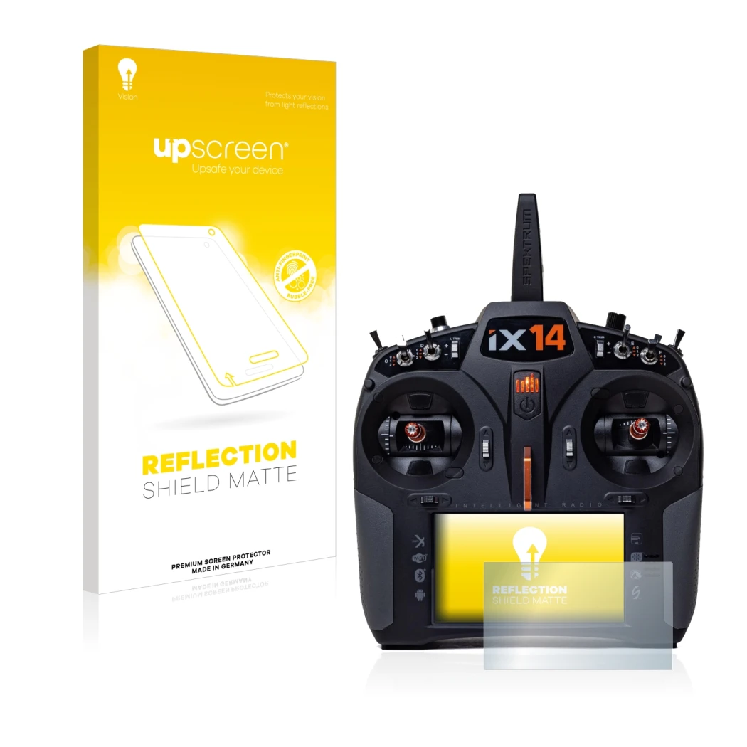 Face avant d’un emballage produit avec le logo de la marque upscreen. À côté, l’appareil Spektrum iX14 est représenté avec la