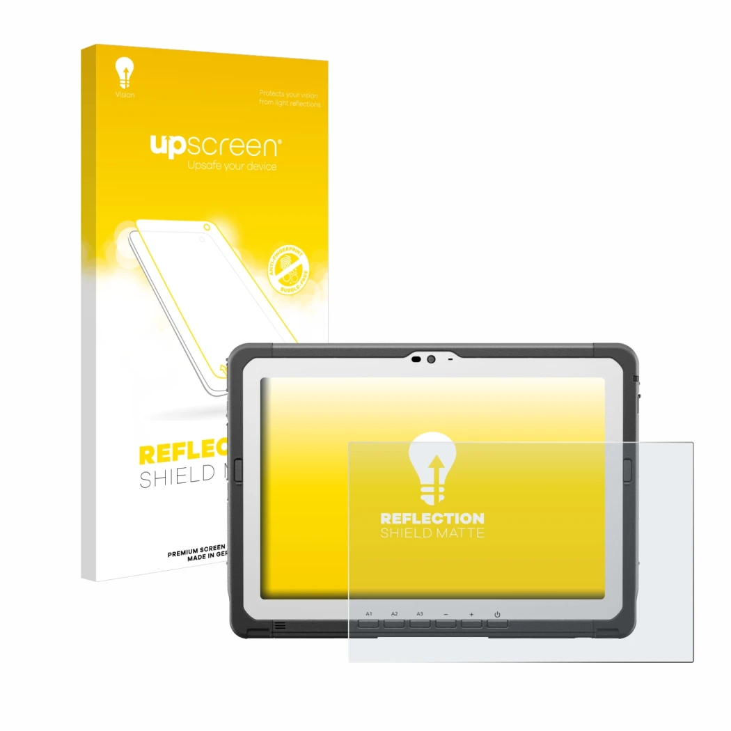 Face avant d’un emballage produit avec le logo de la marque upscreen. À côté, l’appareil Panasonic Toughbook FZ-A3 est représe