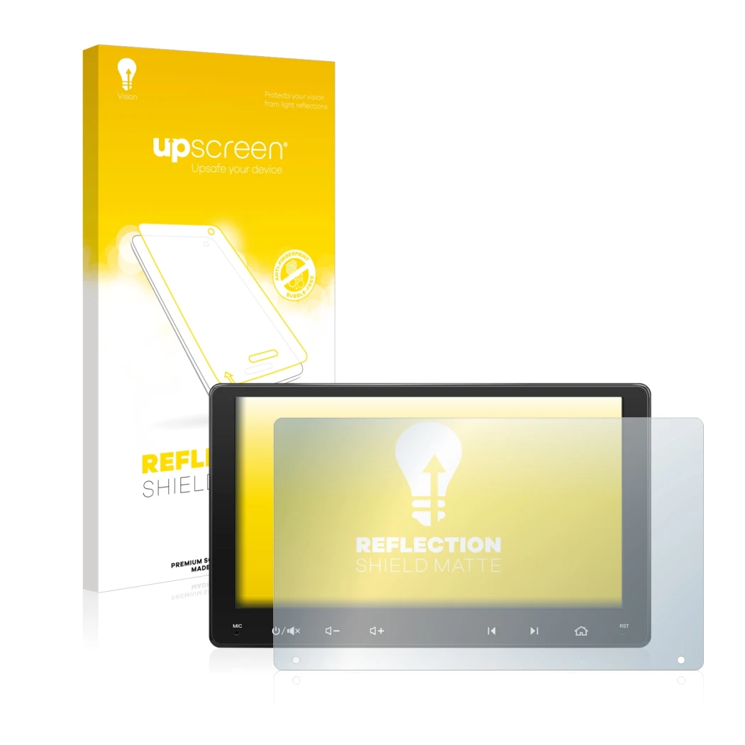 Face avant d’un emballage produit avec le logo de la marque upscreen. À côté, l’appareil Atoto A6 PF 9 Zoll est représenté ave