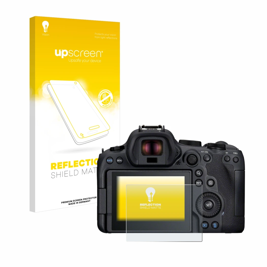 Face avant d’un emballage produit avec le logo de la marque upscreen. À côté, l’appareil Canon EOS R6 Mark II est représenté a