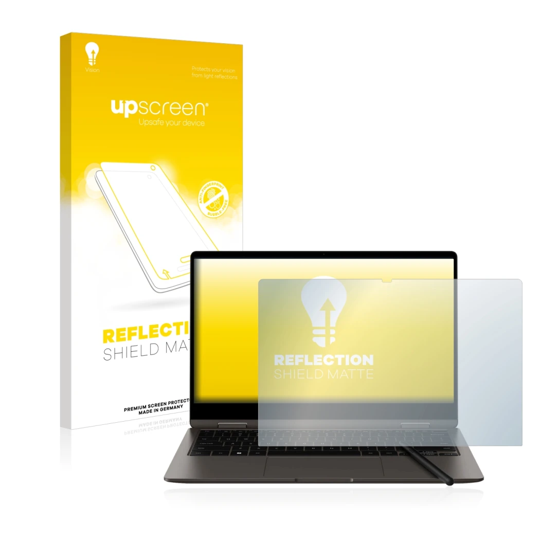 Face avant d’un emballage produit avec le logo de la marque upscreen. À côté, l’appareil Samsung Galaxy Book3 360 13