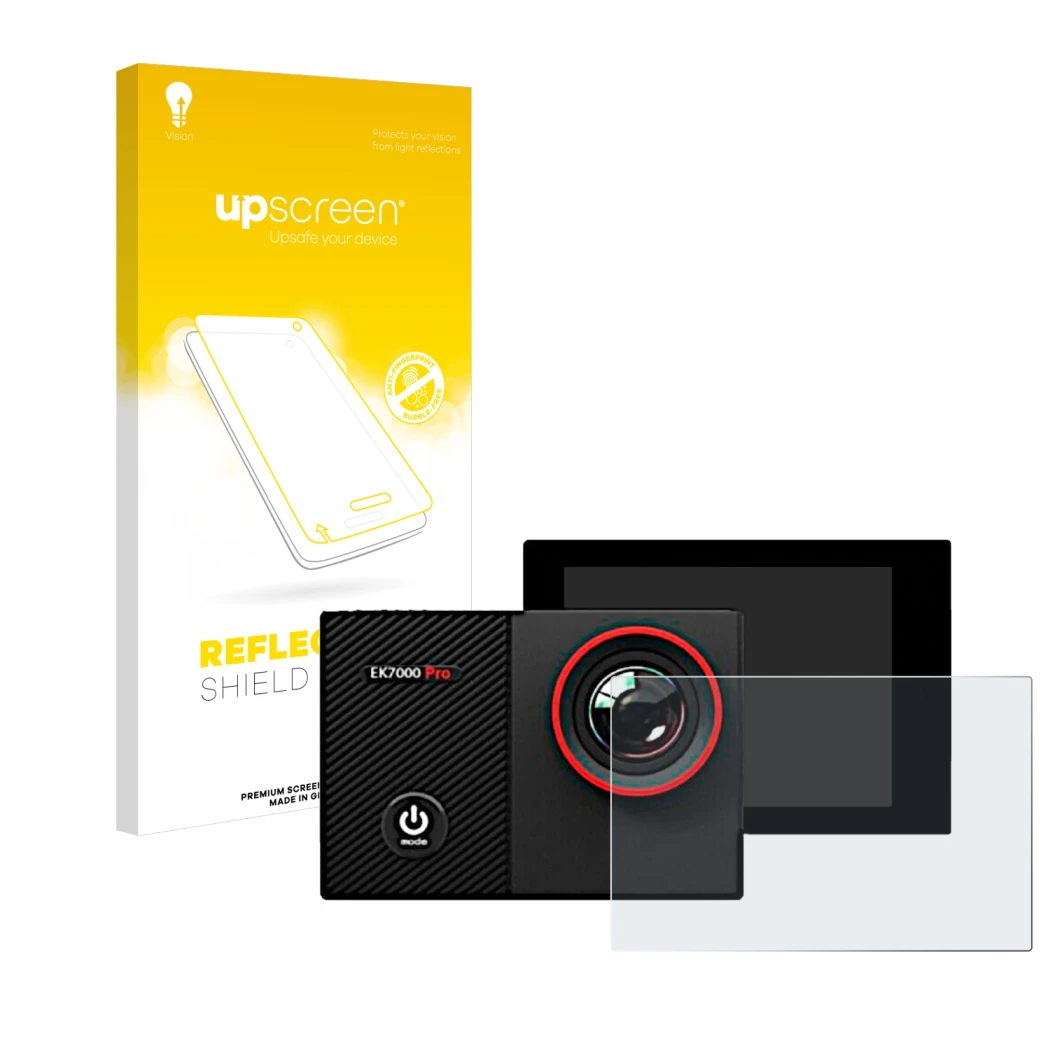 Face avant d’un emballage produit avec le logo de la marque upscreen. À côté, l’appareil Akaso EK7000 Pro est représenté avec