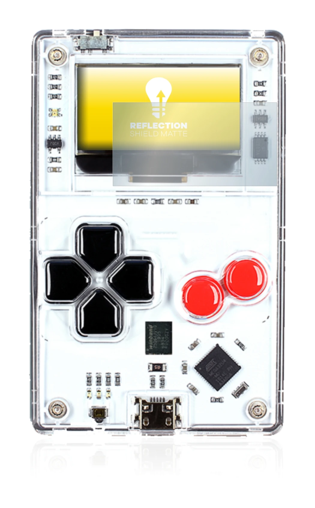 Image de l'appareil Arduboy FX avec une grande variété de protections d'écran.