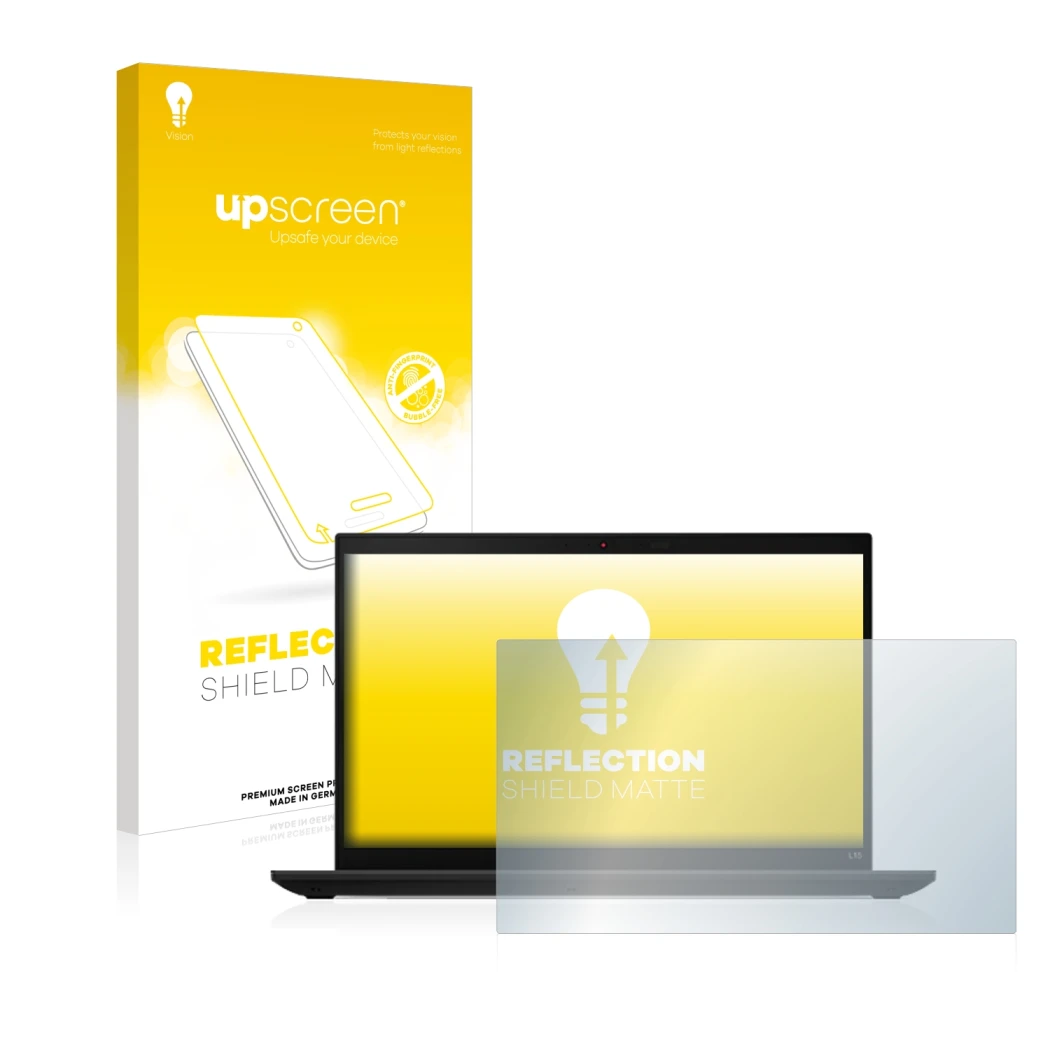 Face avant d’un emballage produit avec le logo de la marque upscreen. À côté, l’appareil Lenovo ThinkPad L15 Gen 3 est représe