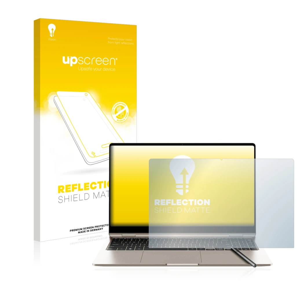 Face avant d’un emballage produit avec le logo de la marque upscreen. À côté, l’appareil Samsung Galaxy Book3 360 15.6