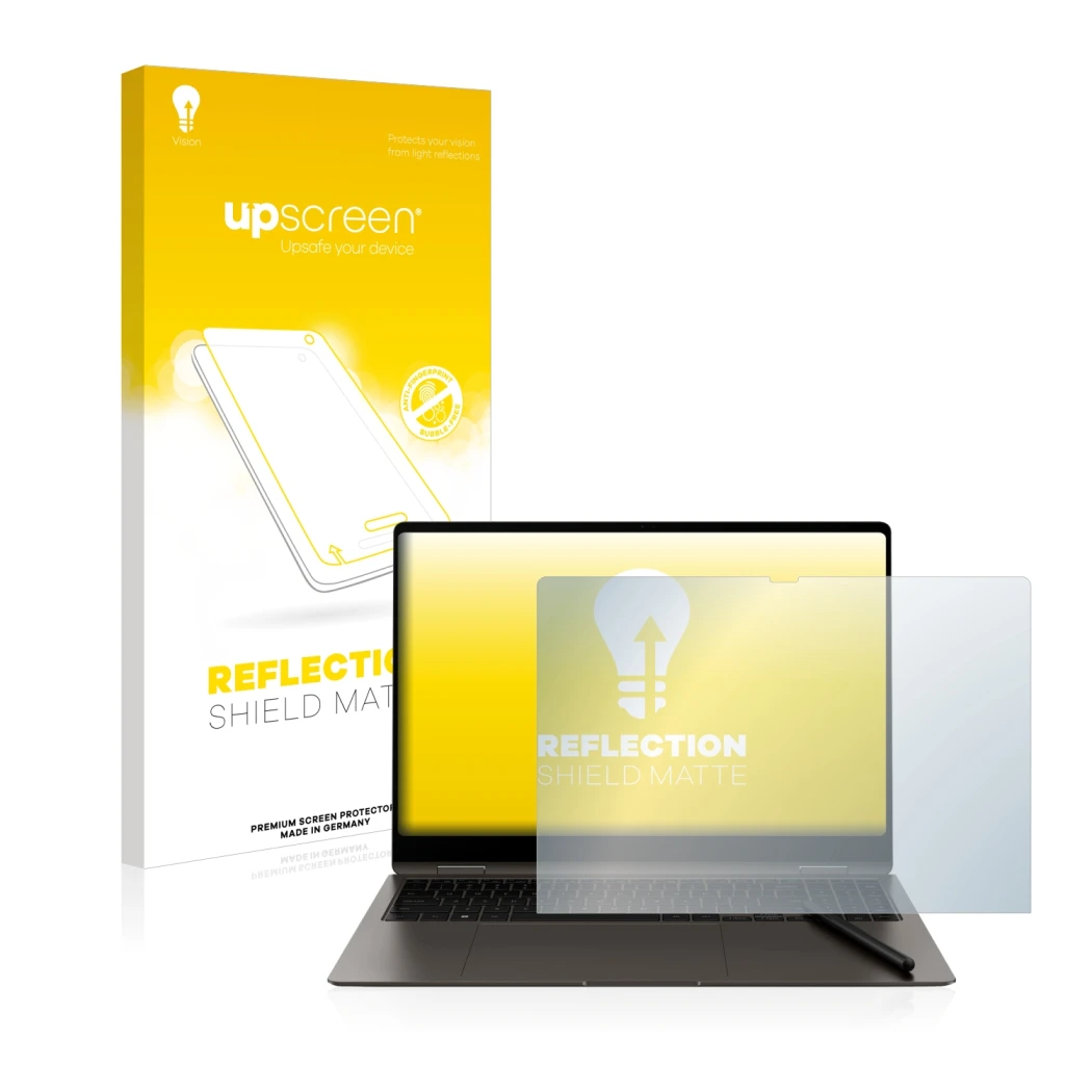 Face avant d’un emballage produit avec le logo de la marque upscreen. À côté, l’appareil Samsung Galaxy Book3 Pro 360 16