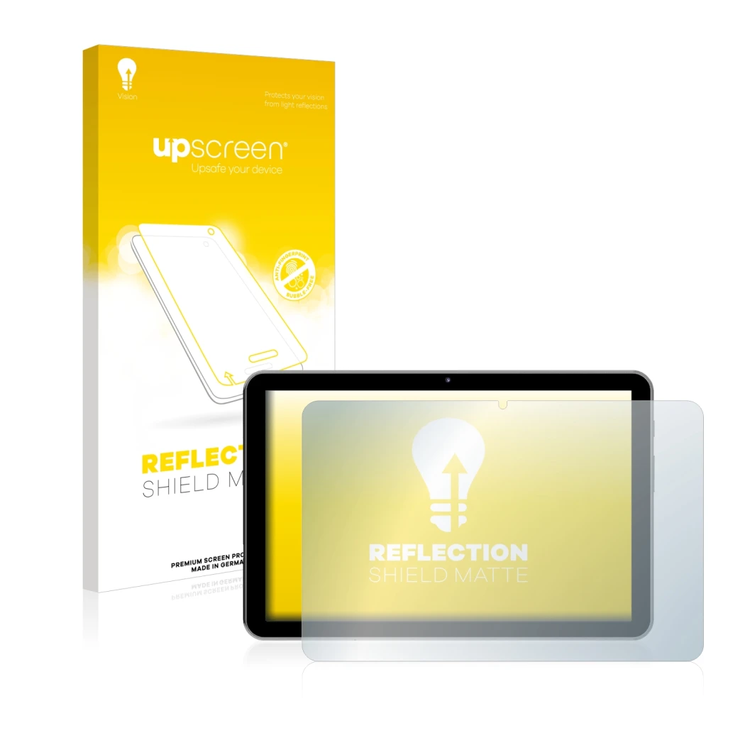 Face avant d’un emballage produit avec le logo de la marque upscreen. À côté, l’appareil Peaq PET 1008 est représenté avec la
