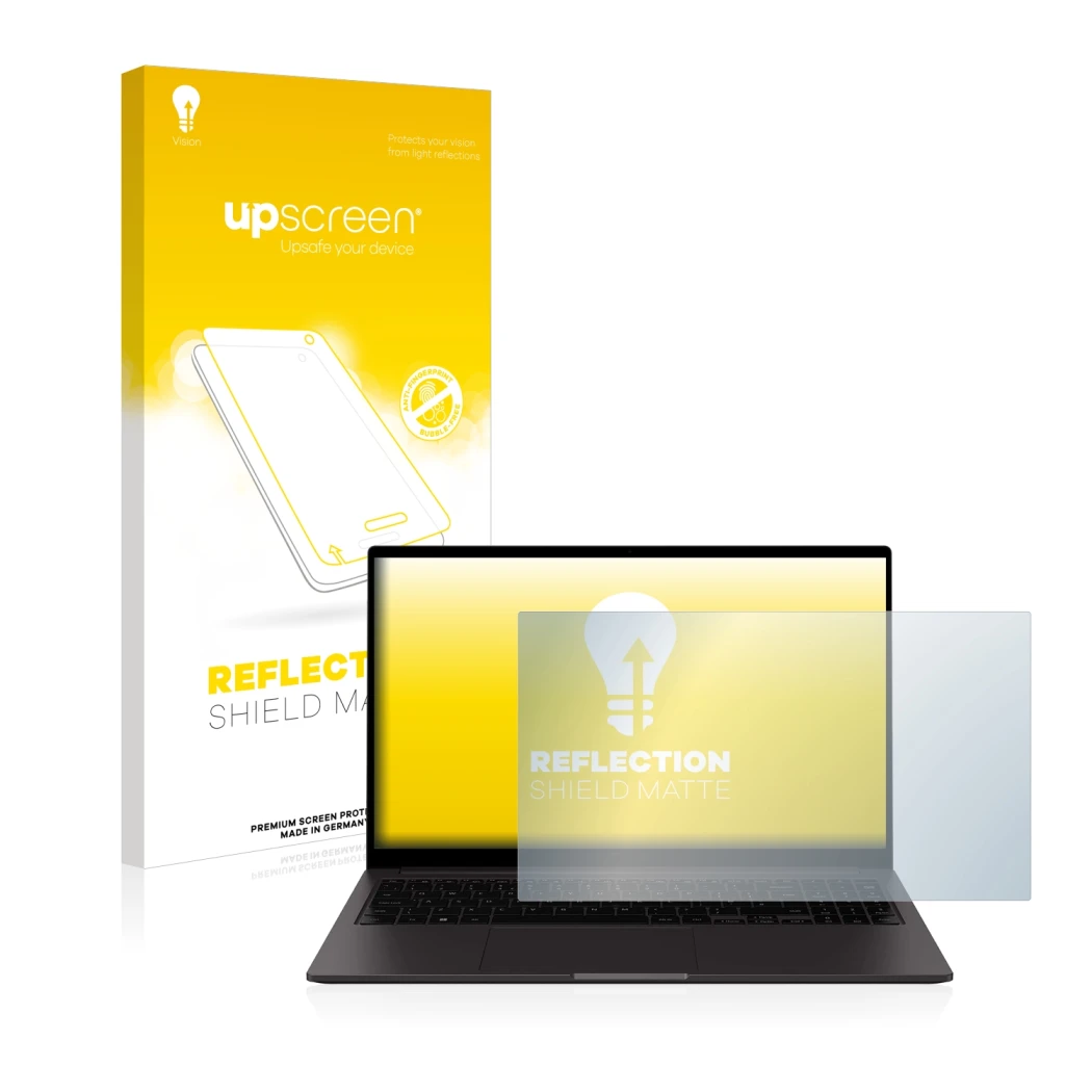 Face avant d’un emballage produit avec le logo de la marque upscreen. À côté, l’appareil Samsung Galaxy Book2 15.6