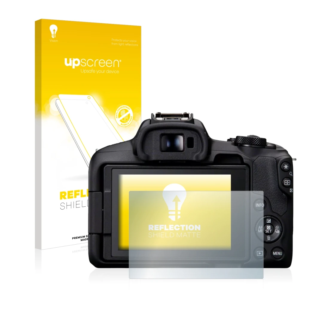 Face avant d’un emballage produit avec le logo de la marque upscreen. À côté, l’appareil Canon EOS R50 est représenté avec la