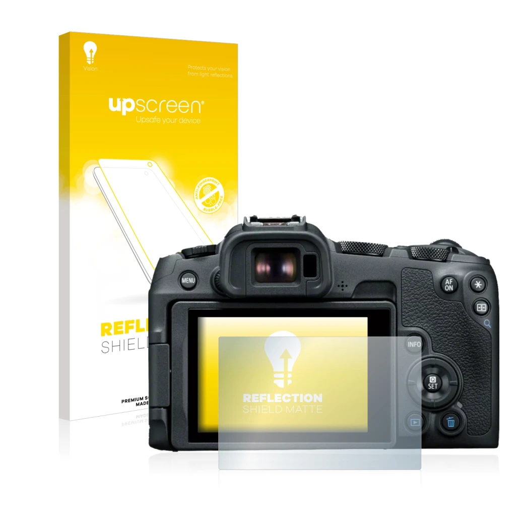 Face avant d’un emballage produit avec le logo de la marque upscreen. À côté, l’appareil Canon EOS R8 est représenté avec la p