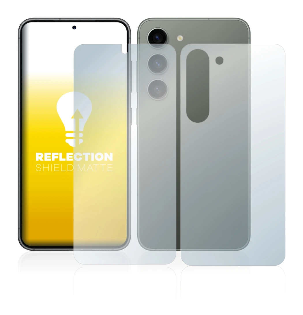 Image de l'appareil Samsung Galaxy S23 (Avant+Arrière) avec une grande variété de protections d'écran.