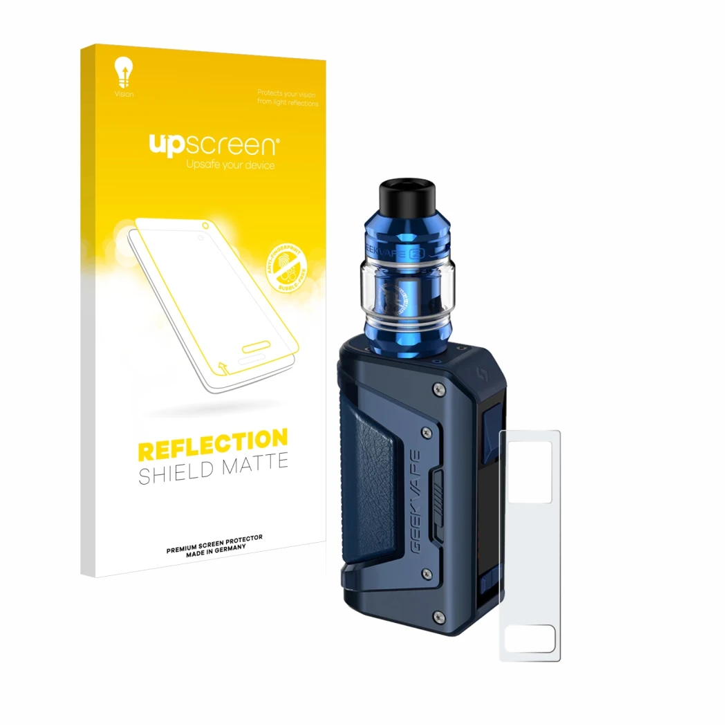 Face avant d’un emballage produit avec le logo de la marque upscreen. À côté, l’appareil GeekVape Aegis Legend 2 L200 est repr