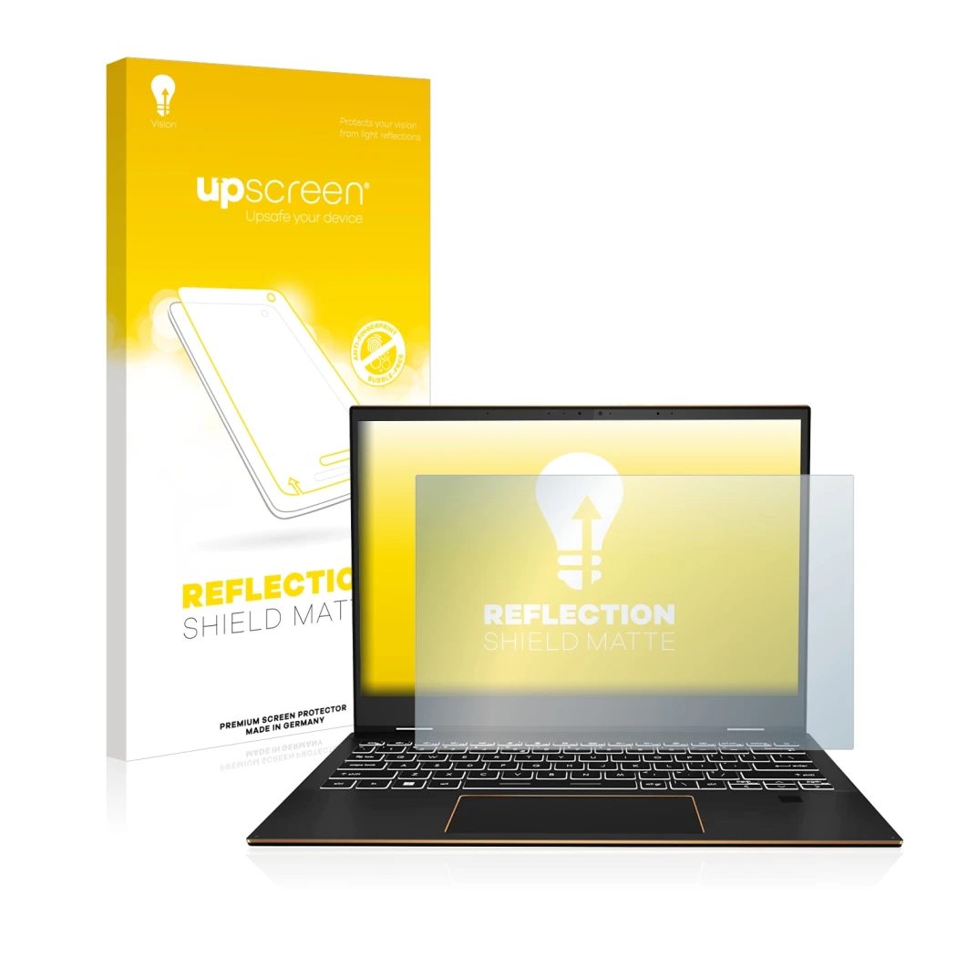 Face avant d’un emballage produit avec le logo de la marque upscreen. À côté, l’appareil MSI Summit E13 Flip Evo est représent