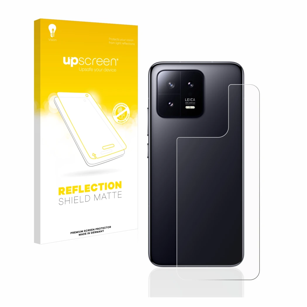 Face avant d’un emballage produit avec le logo de la marque upscreen. À côté, l’appareil Xiaomi 13 (Arrière) est représenté av
