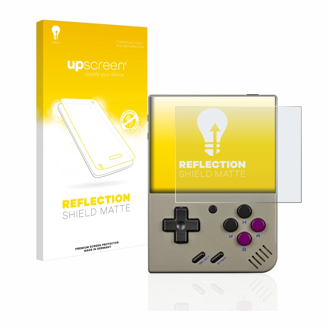 Face avant d’un emballage produit avec le logo de la marque upscreen. À côté, l’appareil Miyoo Mini Plus est représenté avec l