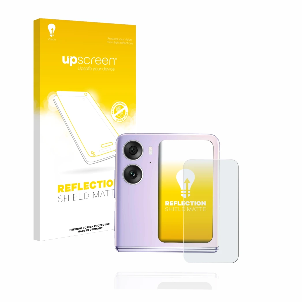 Face avant d’un emballage produit avec le logo de la marque upscreen. À côté, l’appareil Oppo Find N2 Flip (Affichage arrière)