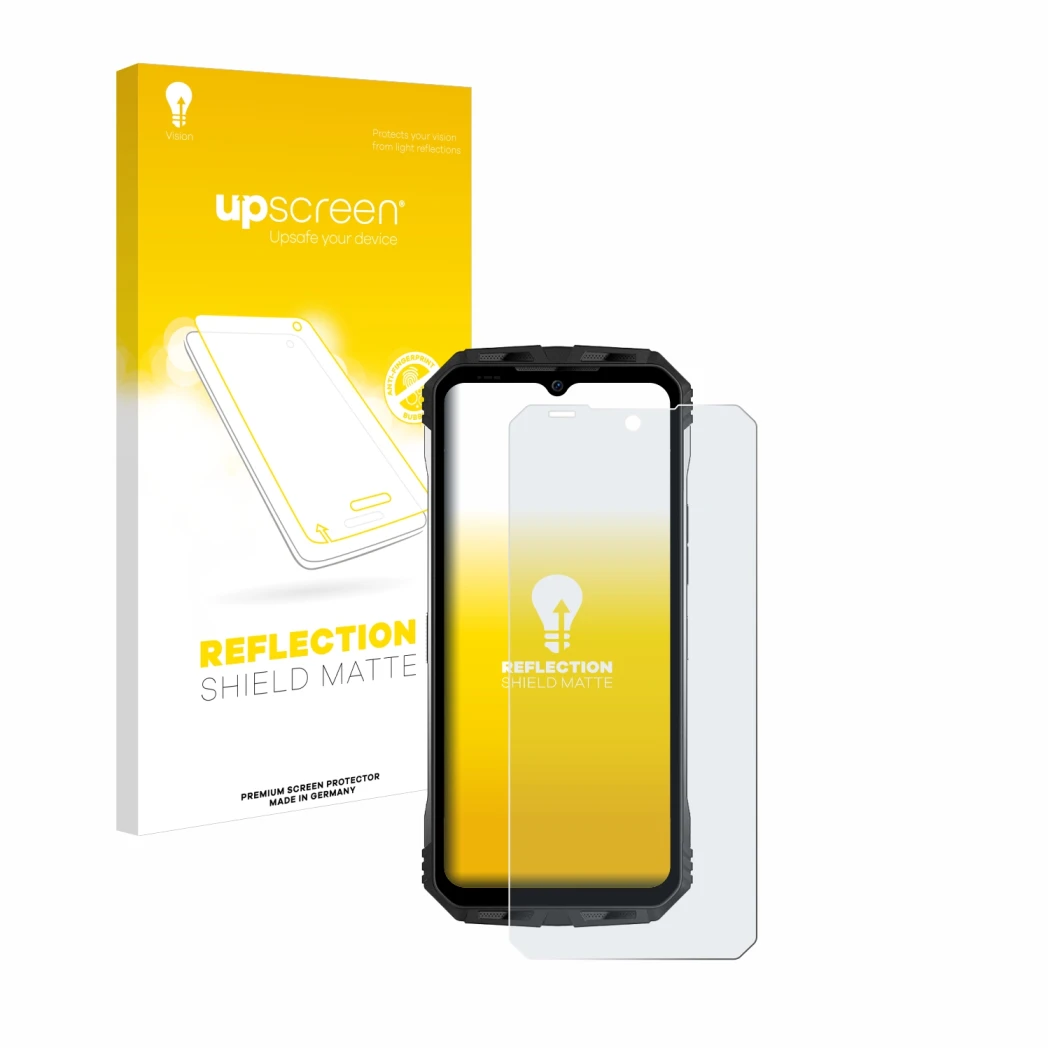 Face avant d’un emballage produit avec le logo de la marque upscreen. À côté, l’appareil Doogee S100 est représenté avec la pr