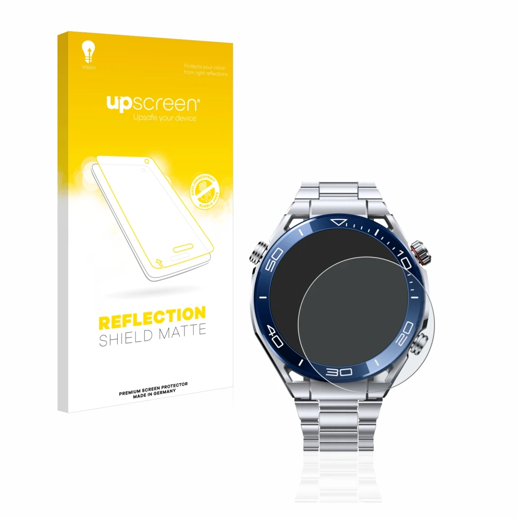 Face avant d’un emballage produit avec le logo de la marque upscreen. À côté, l’appareil Huawei Watch Ultimate (48.5 mm) est r