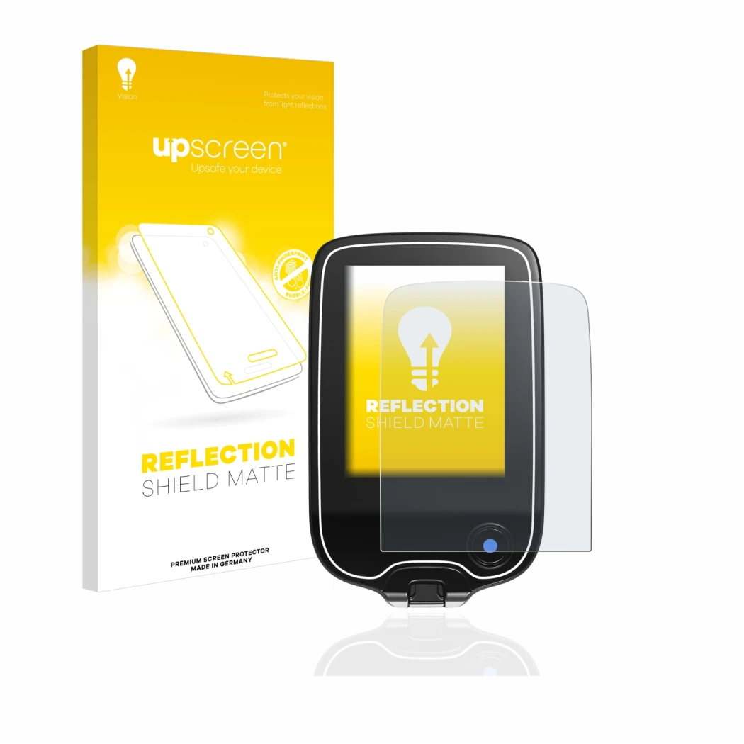 Face avant d’un emballage produit avec le logo de la marque upscreen. À côté, l’appareil Freestyle Libre 3 est représenté avec