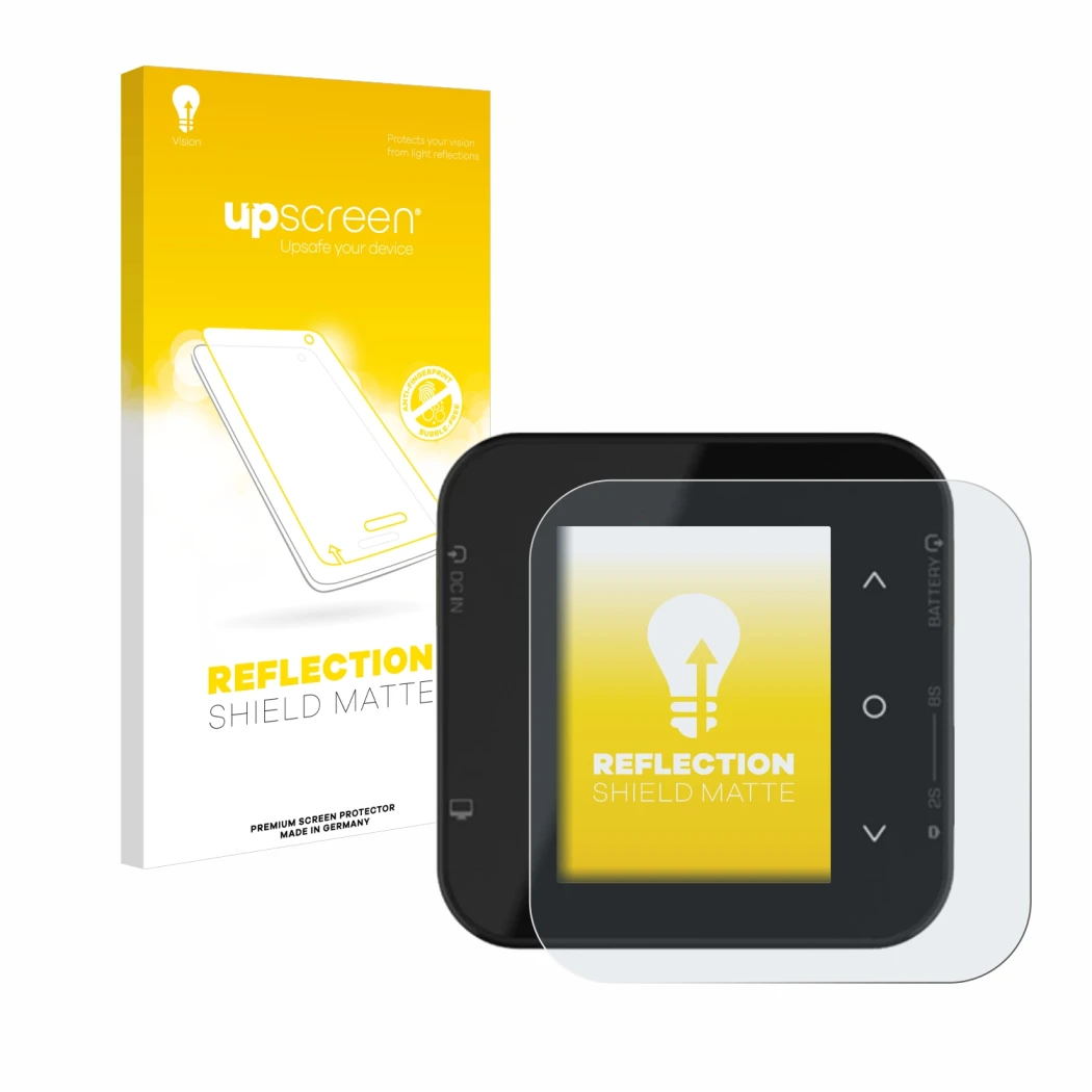 Face avant d’un emballage produit avec le logo de la marque upscreen. À côté, l’appareil ISDT Air8 est représenté avec la prot