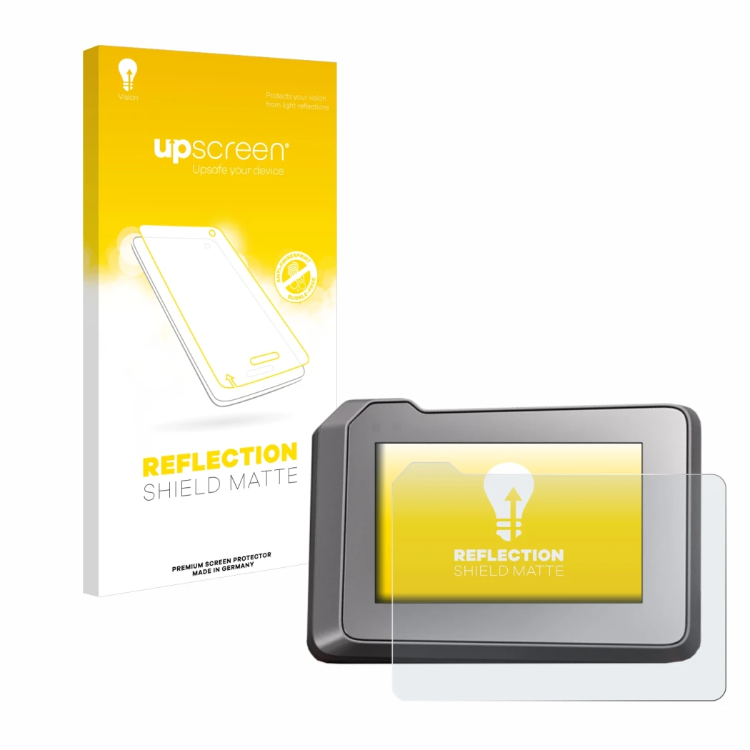 Face avant d’un emballage produit avec le logo de la marque upscreen. À côté, l’appareil KTM 1290 Super Duke R 2022 TFT-Displa