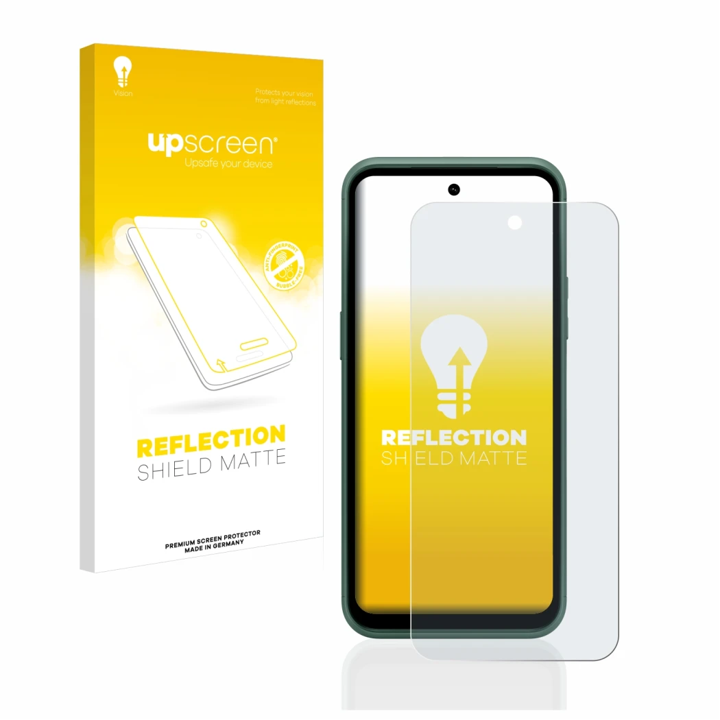 Face avant d’un emballage produit avec le logo de la marque upscreen. À côté, l’appareil Nokia XR21 est représenté avec la pro