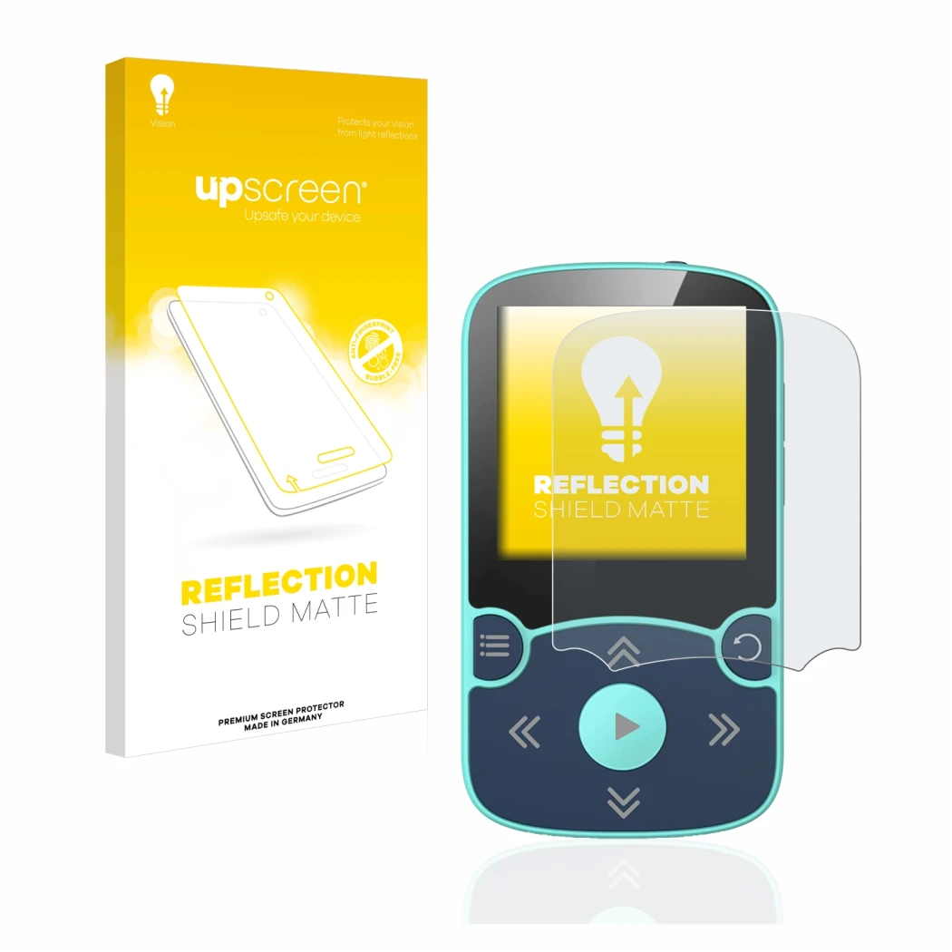 Face avant d’un emballage produit avec le logo de la marque upscreen. À côté, l’appareil AGPtek A65X MP3 Player with clip est