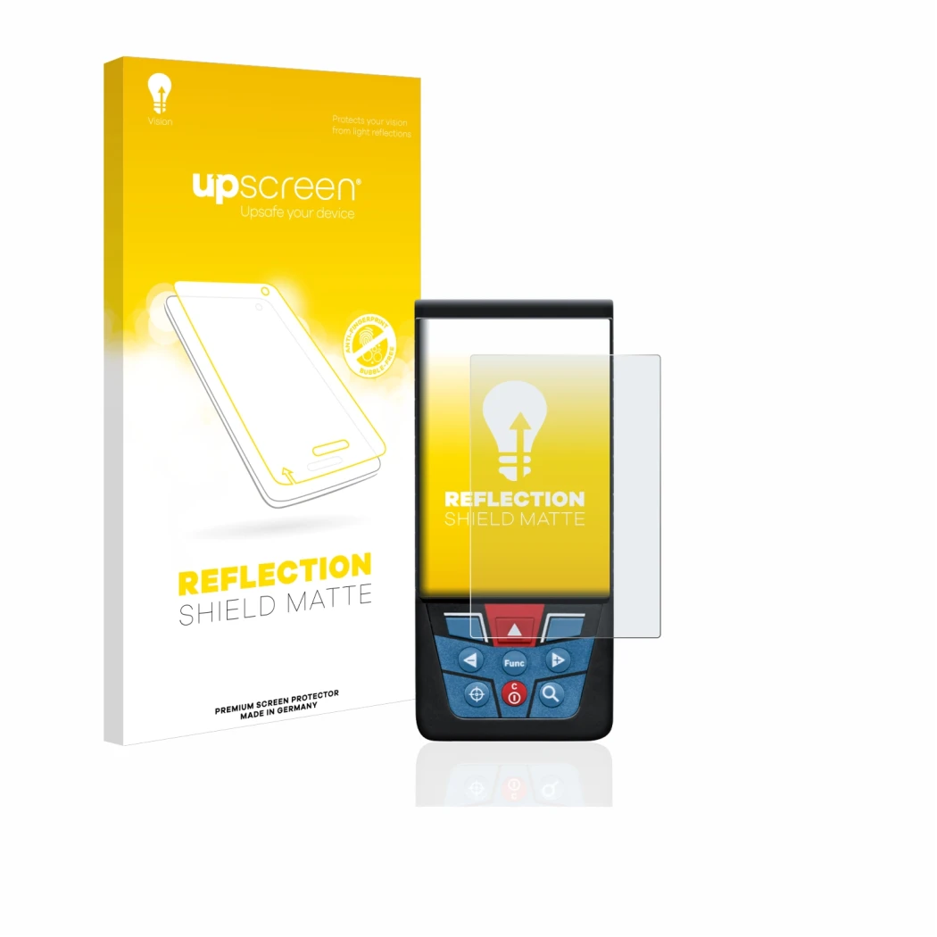 Face avant d’un emballage produit avec le logo de la marque upscreen. À côté, l’appareil Bosch GLM 100-25c est représenté avec