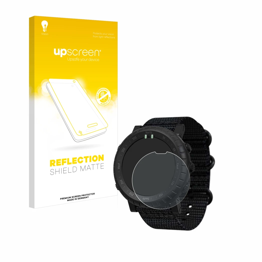 Face avant d’un emballage produit avec le logo de la marque upscreen. À côté, l’appareil Suunto Core Alpha est représenté avec