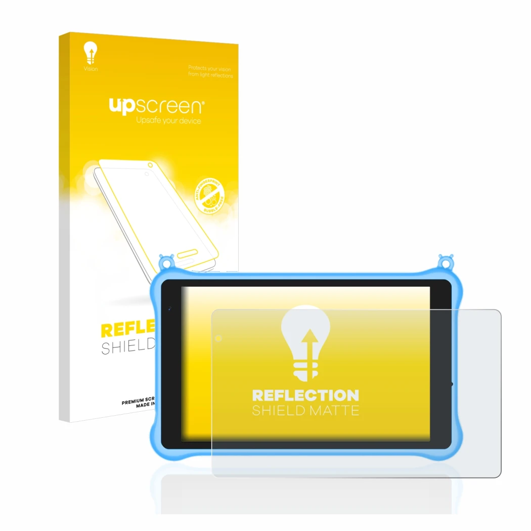 Face avant d’un emballage produit avec le logo de la marque upscreen. À côté, l’appareil Blackview Tab 5 Kids est représenté a