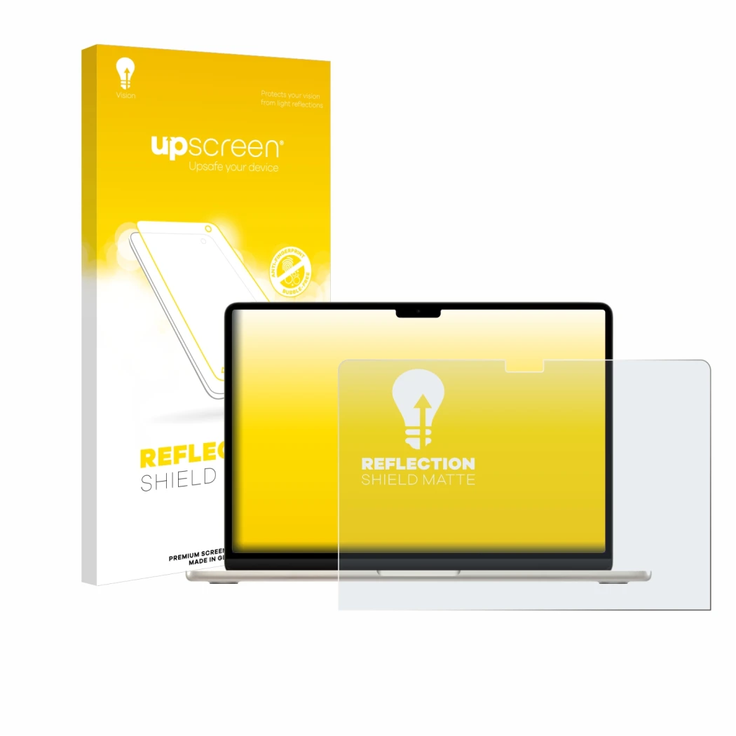Face avant d’un emballage produit avec le logo de la marque upscreen. À côté, l’appareil Apple MacBook Air 15