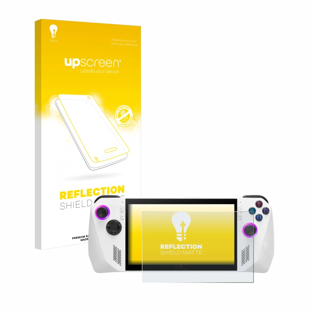 Face avant d’un emballage produit avec le logo de la marque upscreen. À côté, l’appareil ASUS ROG Ally (2023) RC71L est représ