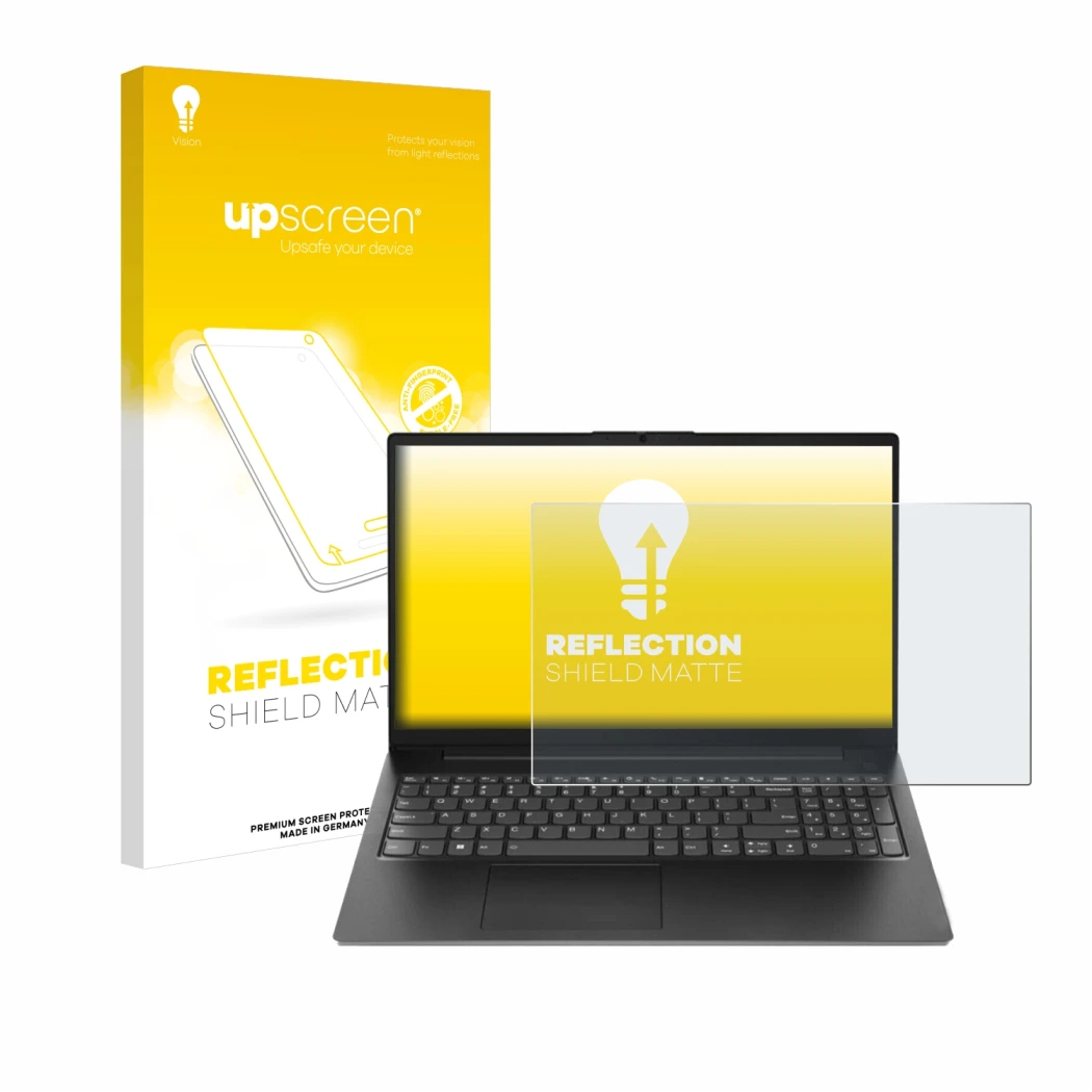 Face avant d’un emballage produit avec le logo de la marque upscreen. À côté, l’appareil Lenovo V15 Gen 4 AMN est représenté a