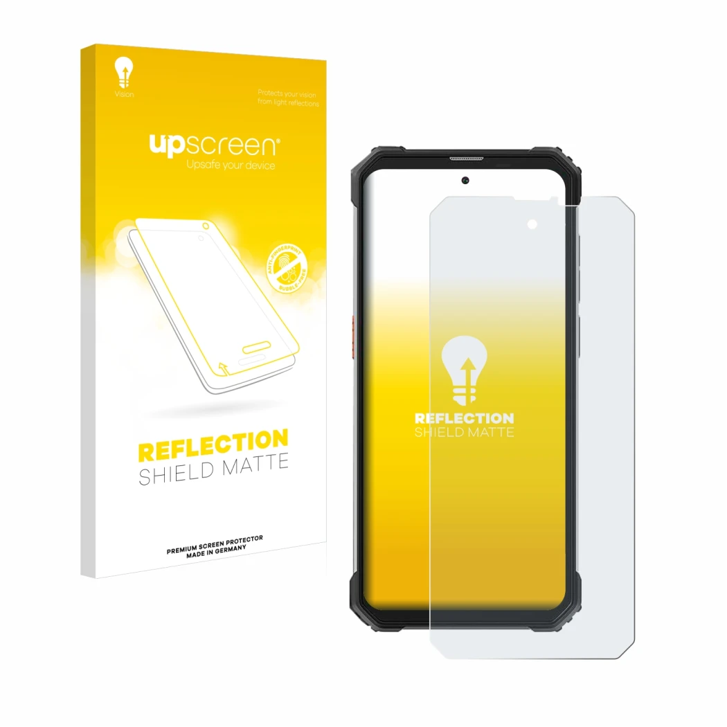 Face avant d’un emballage produit avec le logo de la marque upscreen. À côté, l’appareil Blackview BV8900 est représenté avec 