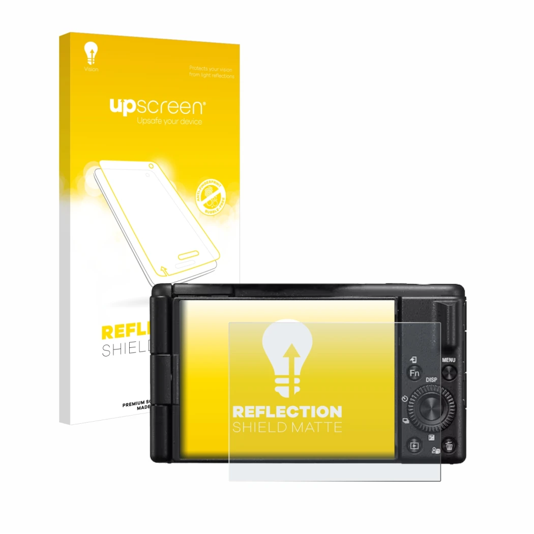 Face avant d’un emballage produit avec le logo de la marque upscreen. À côté, l’appareil Sony ZV-1M2 est représenté avec la pr